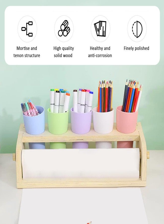 EHERDM Tabletop Paper Roll Dispenser Kids Art Easel with Five Pencil Holder Cups and Paper Rolls (15" x 16.4ft) Desktop Easel for Drawing Wooden Paper Roll Dispenser Durable Paper Roll Holder - Image 3